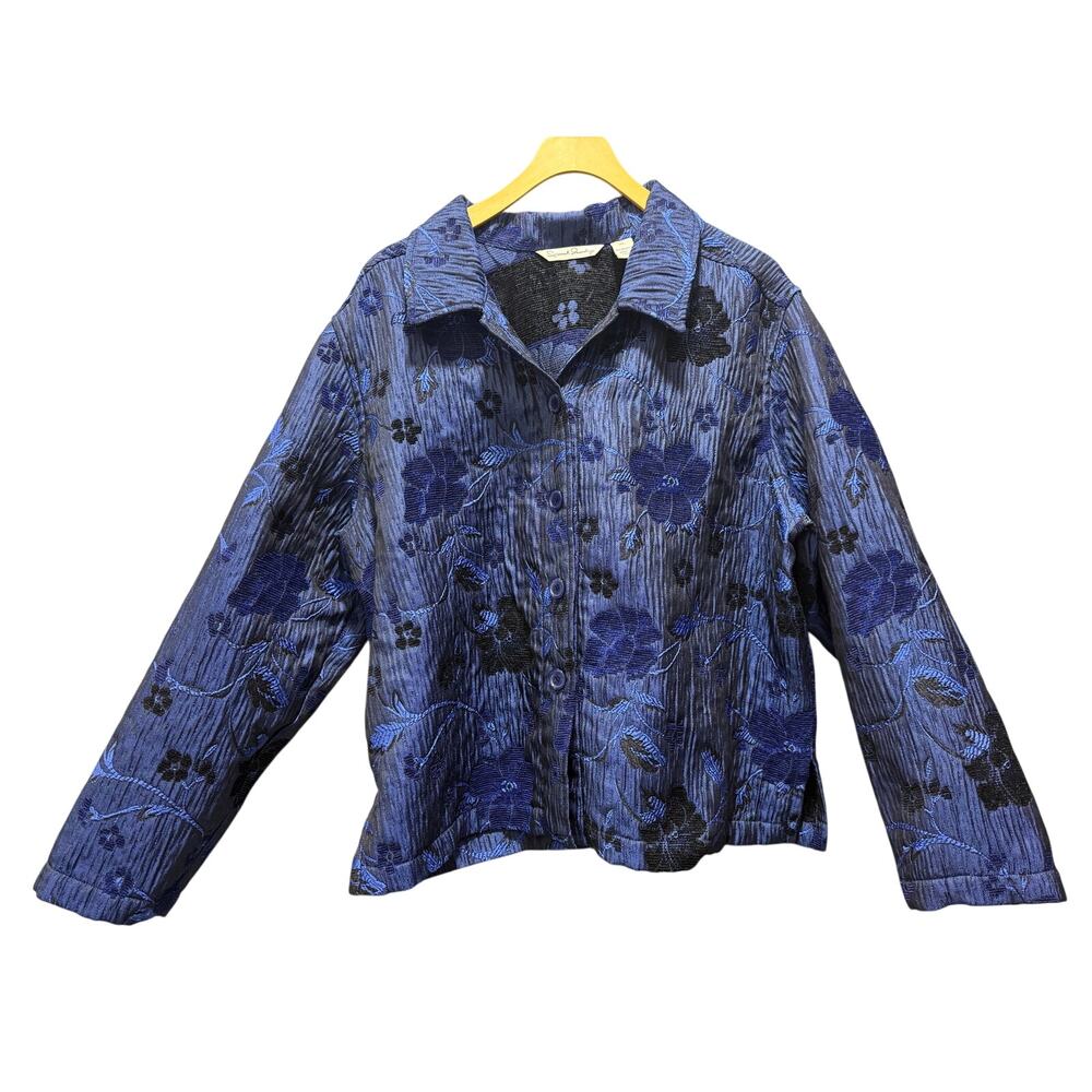 French Laundry Blue Floral Textured Blazer XL Lightweight Knit‑Lined Layering